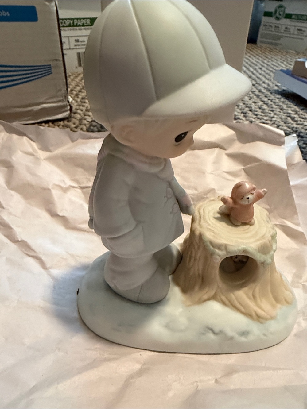 Precious Moments Boy Figurine in Soft Pastel White with Tan Tree Stump